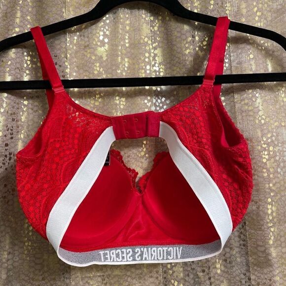 Victorias Secret Bright Red Lace T Shirt Push Up Bra Full Coverage Bra 32DD - Picture 2 of 6